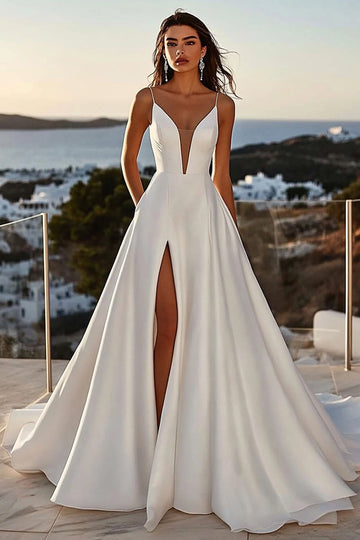 A Line Spaghetti Straps lvory Long Wedding Dress with Slit